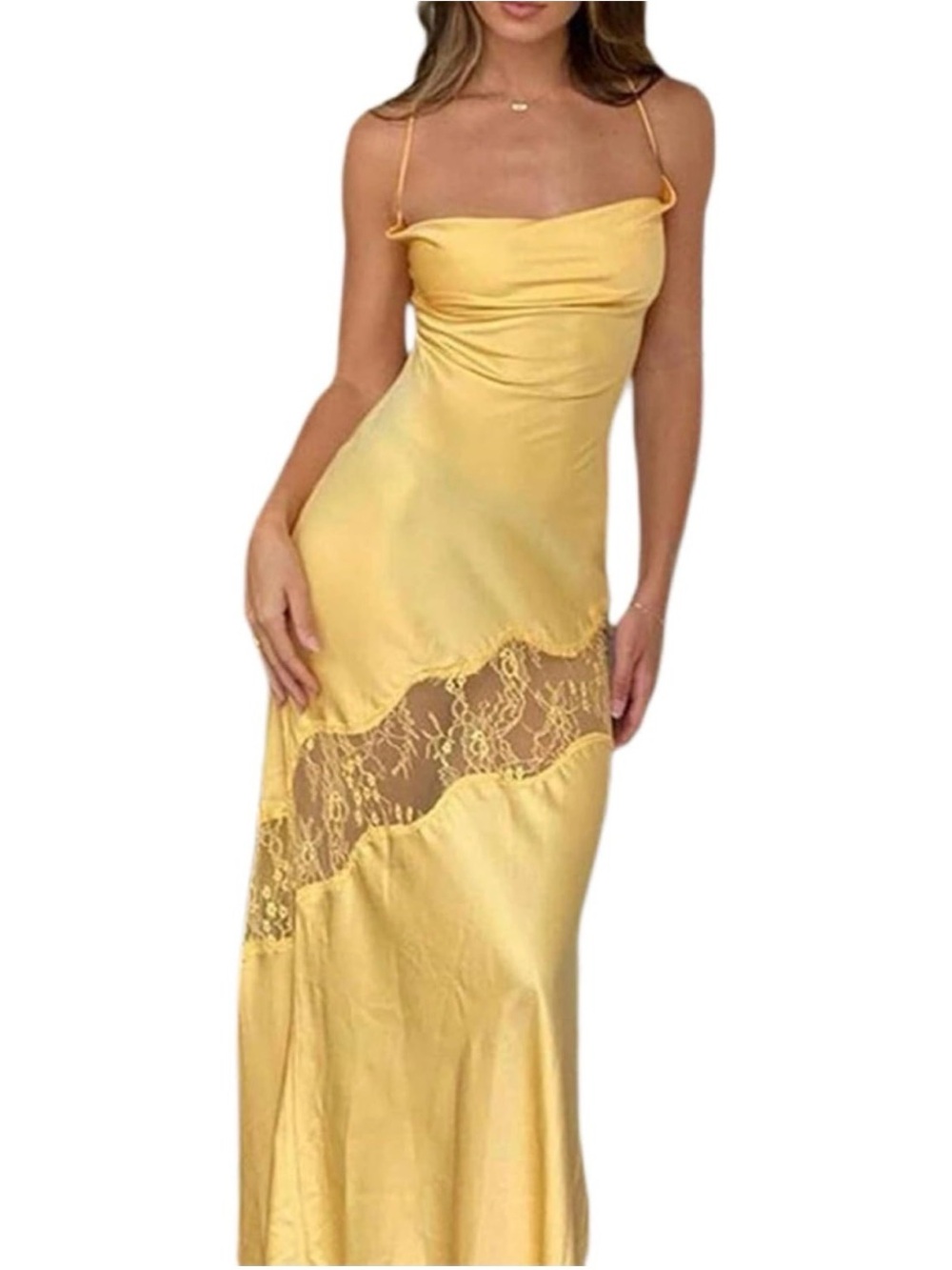 Yellow Satin Maxi Slip Dress with Lace Insert
